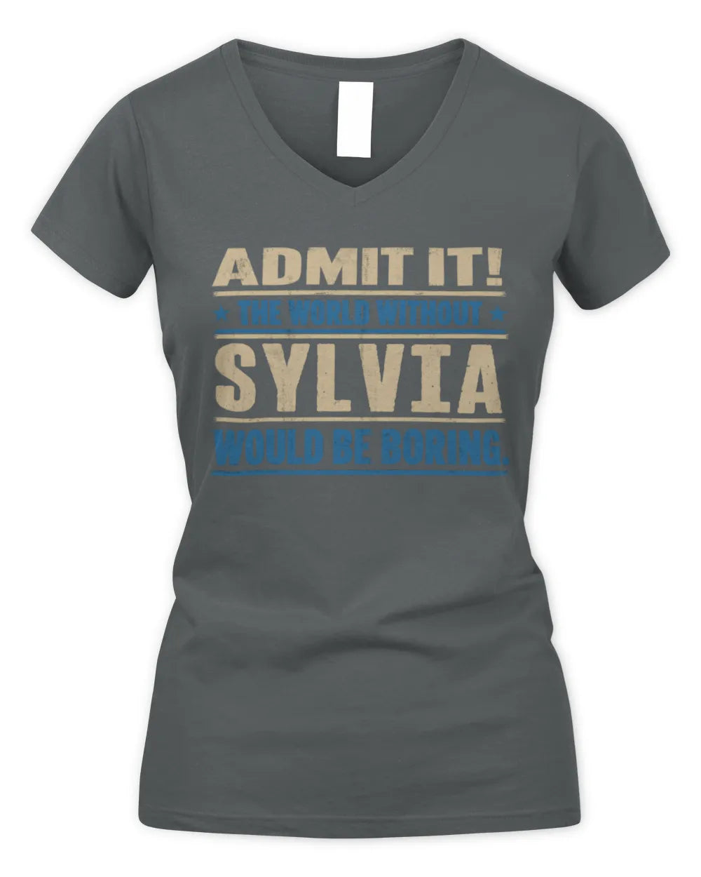 SYLVIA TP68-K2-968 – Personalized Funny Quote Apparel “The World Without NAME Would Be Boring” - Women's V-Neck T-Shirt - Charcoal