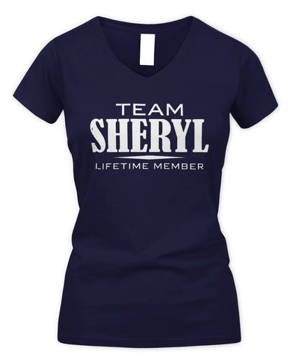 SHERYL BL62-K4-128 - Personalized “Team NAME Lifetime Member” - Women's V-Neck T-Shirt - Navy