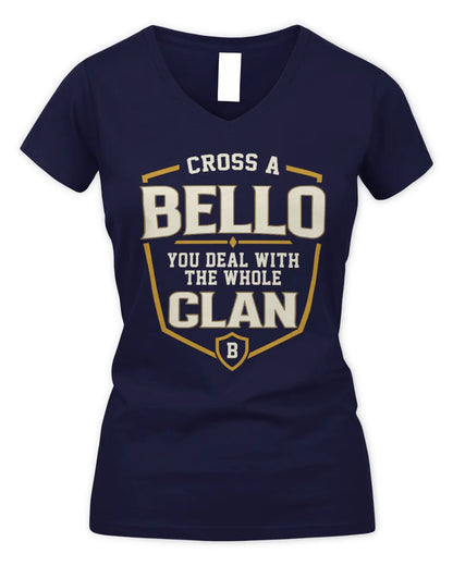 BELLO NT1-K008 Cross A/An NAME, You Deal With the Whole Clan | Personalized Vintage T-Shirt - Women's V-Neck T-Shirt - Navy