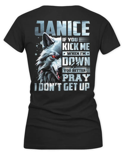 JANICE AP62-K4-666 - Personalized Fierce Wolf Quote Apparel “If You Kick Me When I’m Down, You Better Pray I Don’t Get Up” - Women's V-Neck T-Shirt - Black