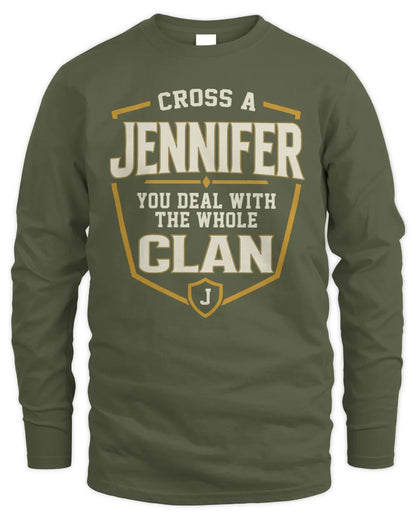 JENNIFER NT1-K008 Cross A/An NAME, You Deal With the Whole Clan | Personalized Vintage T-Shirt - Men's Long Sleeved T-Shirt - Military Green