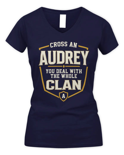 AUDREY NT1-K008 Cross A/An NAME, You Deal With the Whole Clan | Personalized Vintage T-Shirt - Women's V-Neck T-Shirt - Navy