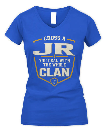 JR NT1-K008 Cross A/An NAME, You Deal With the Whole Clan | Personalized Vintage T-Shirt - Women's V-Neck T-Shirt - Royal
