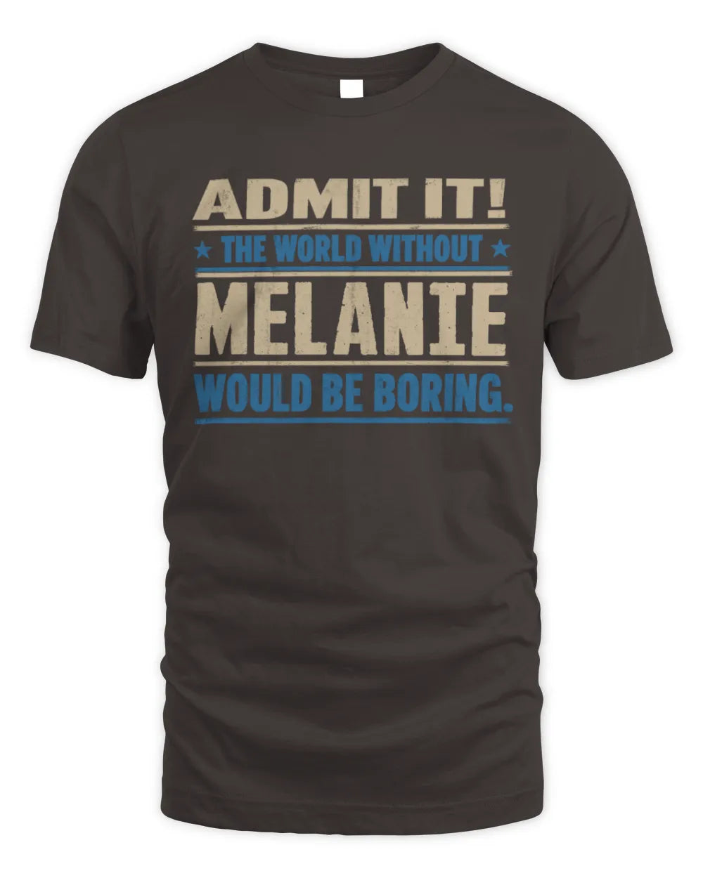 MELANIE TP68-K2-968 – Personalized Funny Quote Apparel “The World Without NAME Would Be Boring” - Unisex Standard T-Shirt - Dark Chocolate