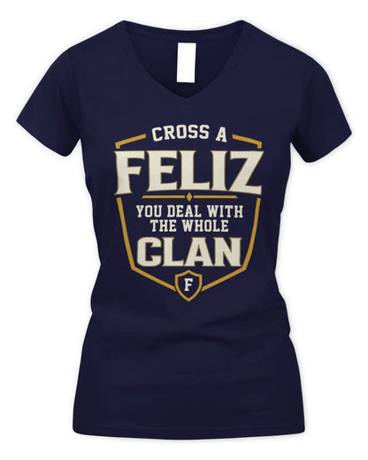 FELIZ NT1-K008 Cross A/An NAME, You Deal With the Whole Clan | Personalized Vintage T-Shirt - Women's V-Neck T-Shirt - Navy