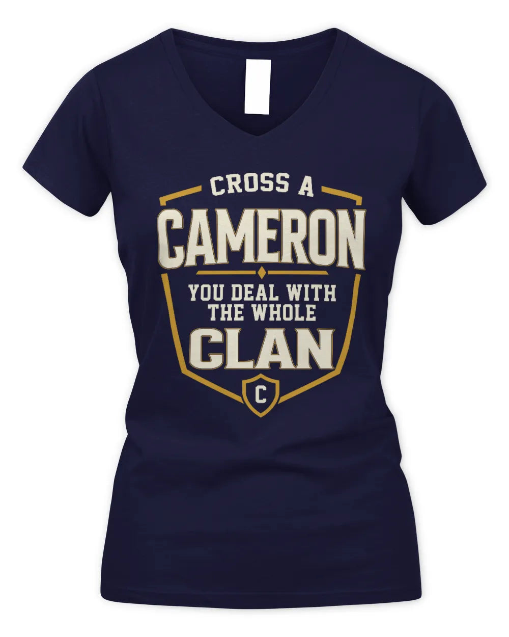 CAMERON NT1-K008 Cross A/An NAME, You Deal With the Whole Clan | Personalized Vintage T-Shirt - Women's V-Neck T-Shirt - Navy