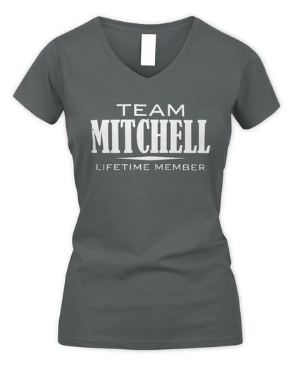 MITCHELL BL62-K4-128 - Personalized “Team AARON Lifetime Member” - Women's V-Neck T-Shirt - Charcoal