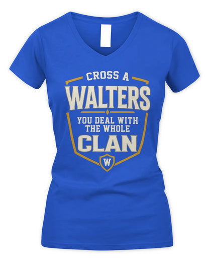 WALTERS NT1-K008 Cross A/An NAME, You Deal With the Whole Clan | Personalized Vintage T-Shirt - Women's V-Neck T-Shirt - Royal