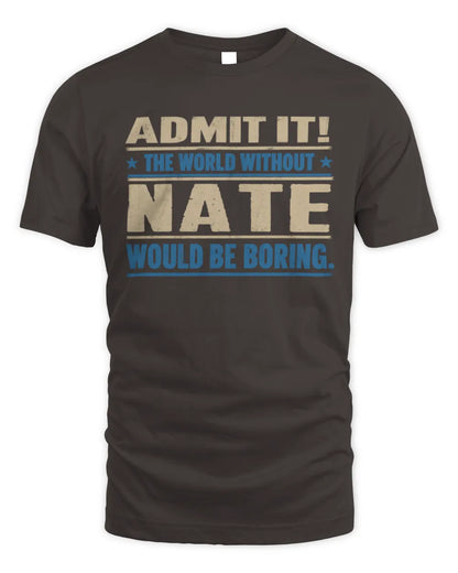 NATE TP68-K2-968 – Personalized Funny Quote Apparel “The World Without NAME Would Be Boring” - Unisex Standard T-Shirt - Dark Chocolate