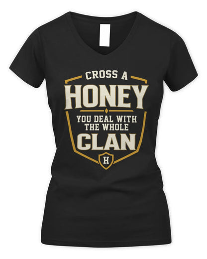HONEY NT1-K008 Cross A/An NAME, You Deal With the Whole Clan | Personalized Vintage T-Shirt - Women's V-Neck T-Shirt - Black