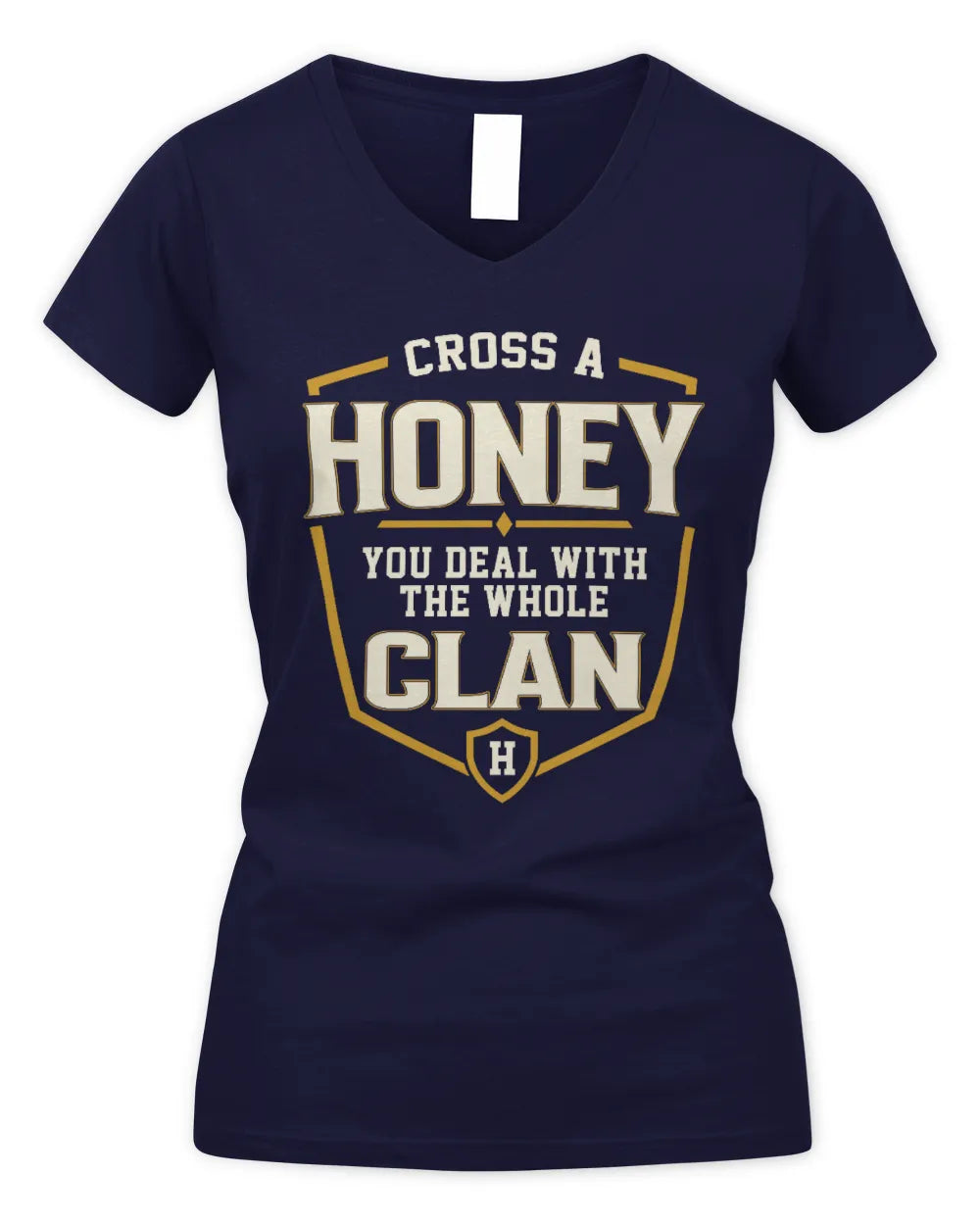 HONEY NT1-K008 Cross A/An NAME, You Deal With the Whole Clan | Personalized Vintage T-Shirt - Women's V-Neck T-Shirt - Navy