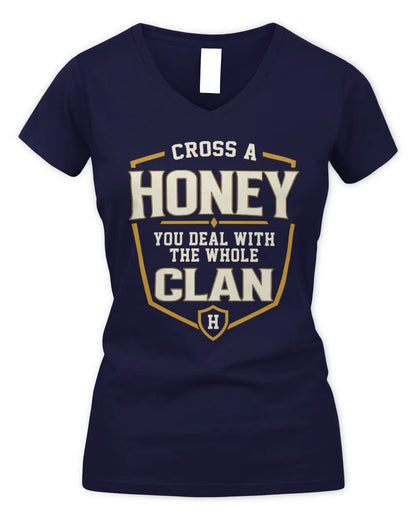 HONEY NT1-K008 Cross A/An NAME, You Deal With the Whole Clan | Personalized Vintage T-Shirt - Women's V-Neck T-Shirt - Navy
