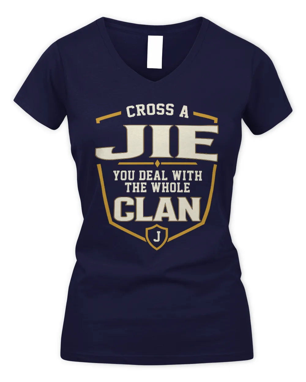 JIE NT1-K008 Cross A/An NAME, You Deal With the Whole Clan | Personalized Vintage T-Shirt - Women's V-Neck T-Shirt - Navy