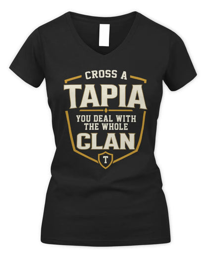 TAPIA NT1-K008 Cross A/An NAME, You Deal With the Whole Clan | Personalized Vintage T-Shirt - Women's V-Neck T-Shirt - Black