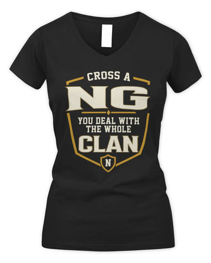 NG NT1-K008 Cross A/An NAME, You Deal With the Whole Clan | Personalized Vintage T-Shirt - Women's V-Neck T-Shirt - Black