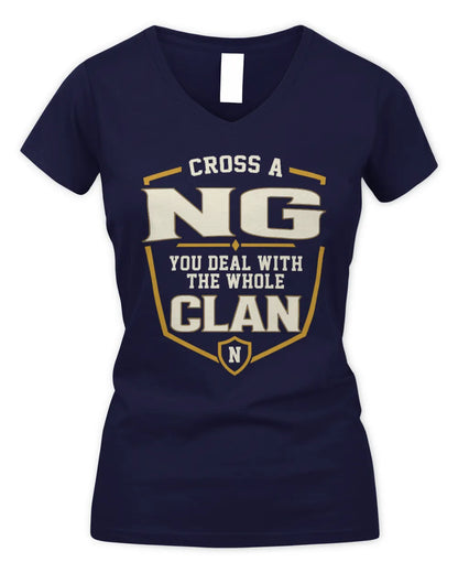 NG NT1-K008 Cross A/An NAME, You Deal With the Whole Clan | Personalized Vintage T-Shirt - Women's V-Neck T-Shirt - Navy