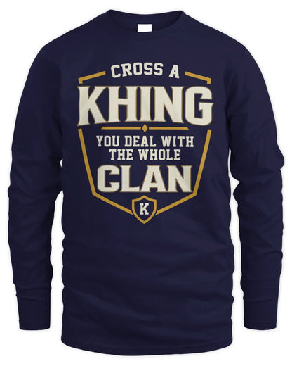KHING NT1-K008 Cross A/An NAME, You Deal With the Whole Clan | Personalized Vintage T-Shirt - Men's Long Sleeved T-Shirt - Navy