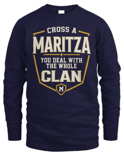 MARITZA NT1-K008 Cross A/An NAME, You Deal With the Whole Clan | Personalized Vintage T-Shirt - Men's Long Sleeved T-Shirt - Navy