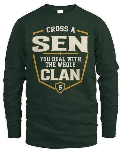 SEN NT1-K008 Cross A/An NAME, You Deal With the Whole Clan | Personalized Vintage T-Shirt - Men's Long Sleeved T-Shirt - Forest Green