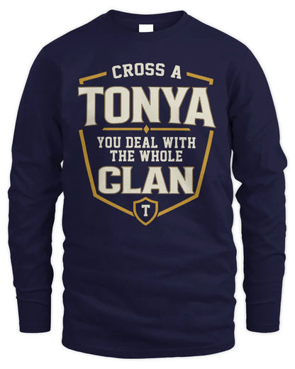 TONYA NT1-K008 Cross A/An NAME, You Deal With the Whole Clan | Personalized Vintage T-Shirt - Men's Long Sleeved T-Shirt - Navy