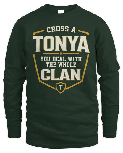 TONYA NT1-K008 Cross A/An NAME, You Deal With the Whole Clan | Personalized Vintage T-Shirt - Men's Long Sleeved T-Shirt - Forest Green