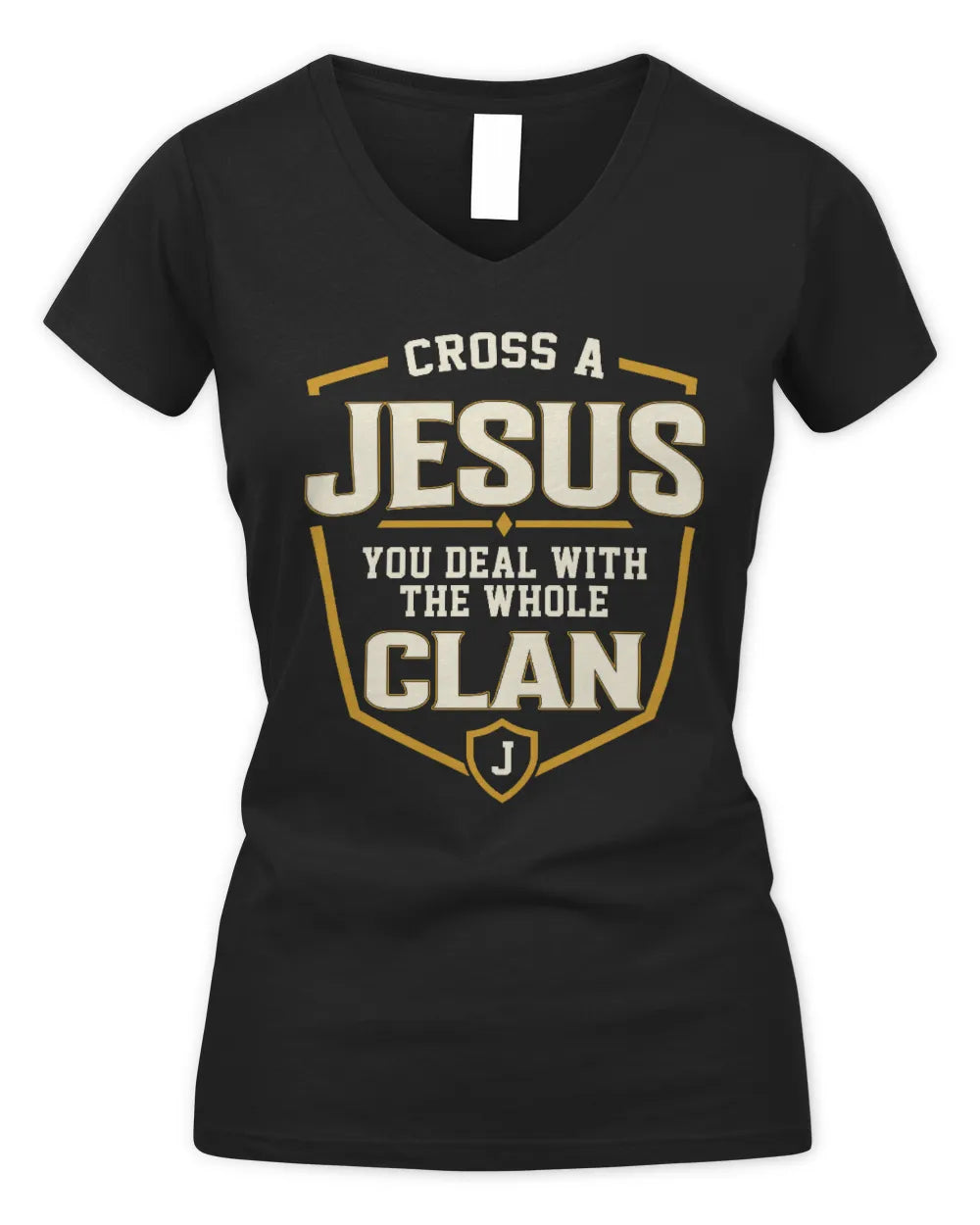 JESUS NT1-K008 Cross A/An NAME, You Deal With the Whole Clan | Personalized Vintage T-Shirt - Women's V-Neck T-Shirt - Black