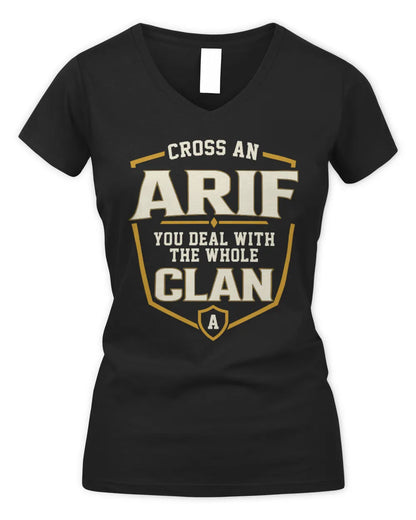 ARIF NT1-K008 Cross A/An NAME, You Deal With the Whole Clan | Personalized Vintage T-Shirt - Women's V-Neck T-Shirt - Black