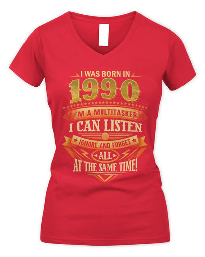 1990 HH89-K2 – Funny Birth Year Multitasker Quote T-Shirt - Women's V-Neck T-Shirt - Red