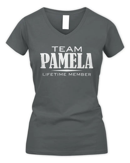 PAMELA BL62-K4-128 - Personalized “Team NAME Lifetime Member” - Women's V-Neck T-Shirt - Charcoal