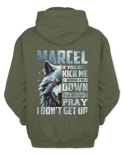 MARCEL AP62-K4-666 - Personalized Fierce Wolf Quote Apparel “If You Kick Me When I’m Down, You Better Pray I Don’t Get Up” - Unisex Hoodie - Military Green