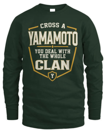 YAMAMOTO NT1-K008 Cross A/An NAME, You Deal With the Whole Clan | Personalized Vintage T-Shirt - Men's Long Sleeved T-Shirt - Forest Green