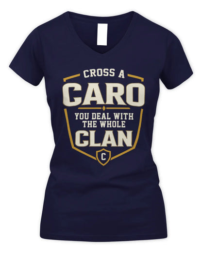 CARO NT1-K008 Cross A/An NAME, You Deal With the Whole Clan | Personalized Vintage T-Shirt - Women's V-Neck T-Shirt - Navy