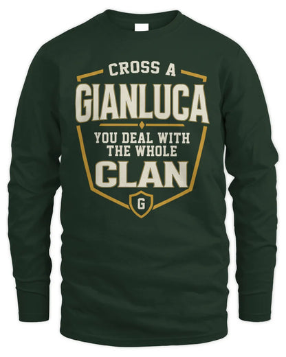 GIANLUCA NT1-K008 Cross A/An NAME, You Deal With the Whole Clan | Personalized Vintage T-Shirt - Men's Long Sleeved T-Shirt - Forest Green