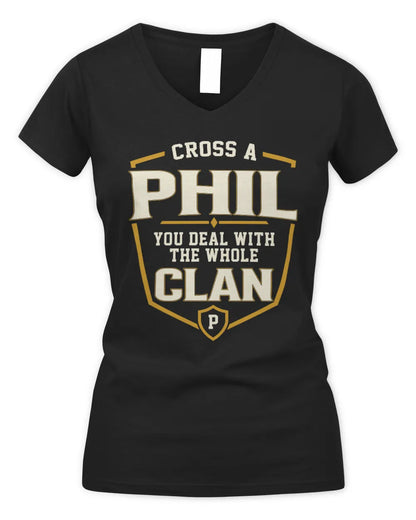 PHIL NT1-K008 Cross A/An NAME, You Deal With the Whole Clan | Personalized Vintage T-Shirt - Women's V-Neck T-Shirt - Black