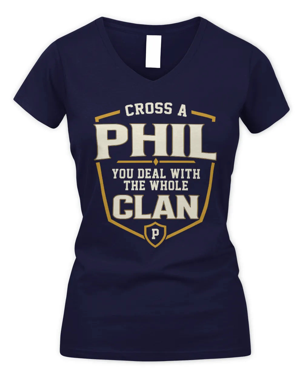 PHIL NT1-K008 Cross A/An NAME, You Deal With the Whole Clan | Personalized Vintage T-Shirt - Women's V-Neck T-Shirt - Navy