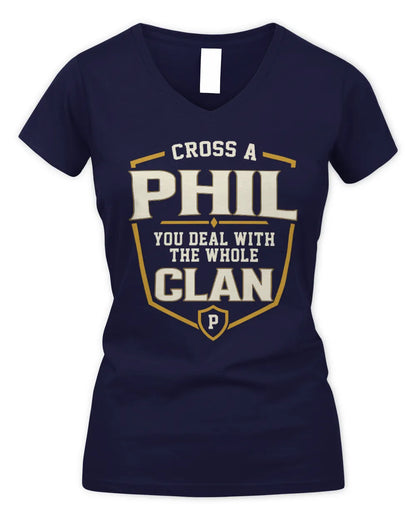 PHIL NT1-K008 Cross A/An NAME, You Deal With the Whole Clan | Personalized Vintage T-Shirt - Women's V-Neck T-Shirt - Navy