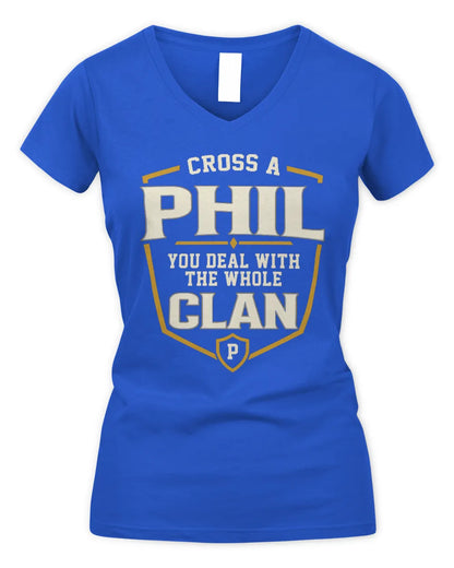 PHIL NT1-K008 Cross A/An NAME, You Deal With the Whole Clan | Personalized Vintage T-Shirt - Women's V-Neck T-Shirt - Royal