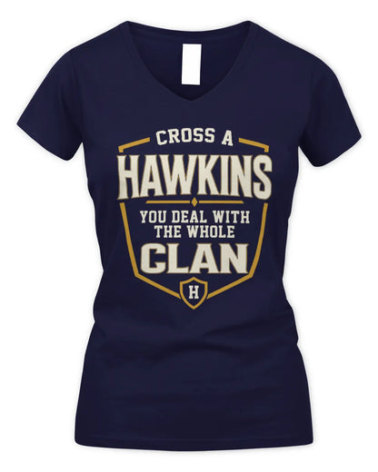 HAWKINS NT1-K008 Cross A/An NAME, You Deal With the Whole Clan | Personalized Vintage T-Shirt - Women's V-Neck T-Shirt - Navy