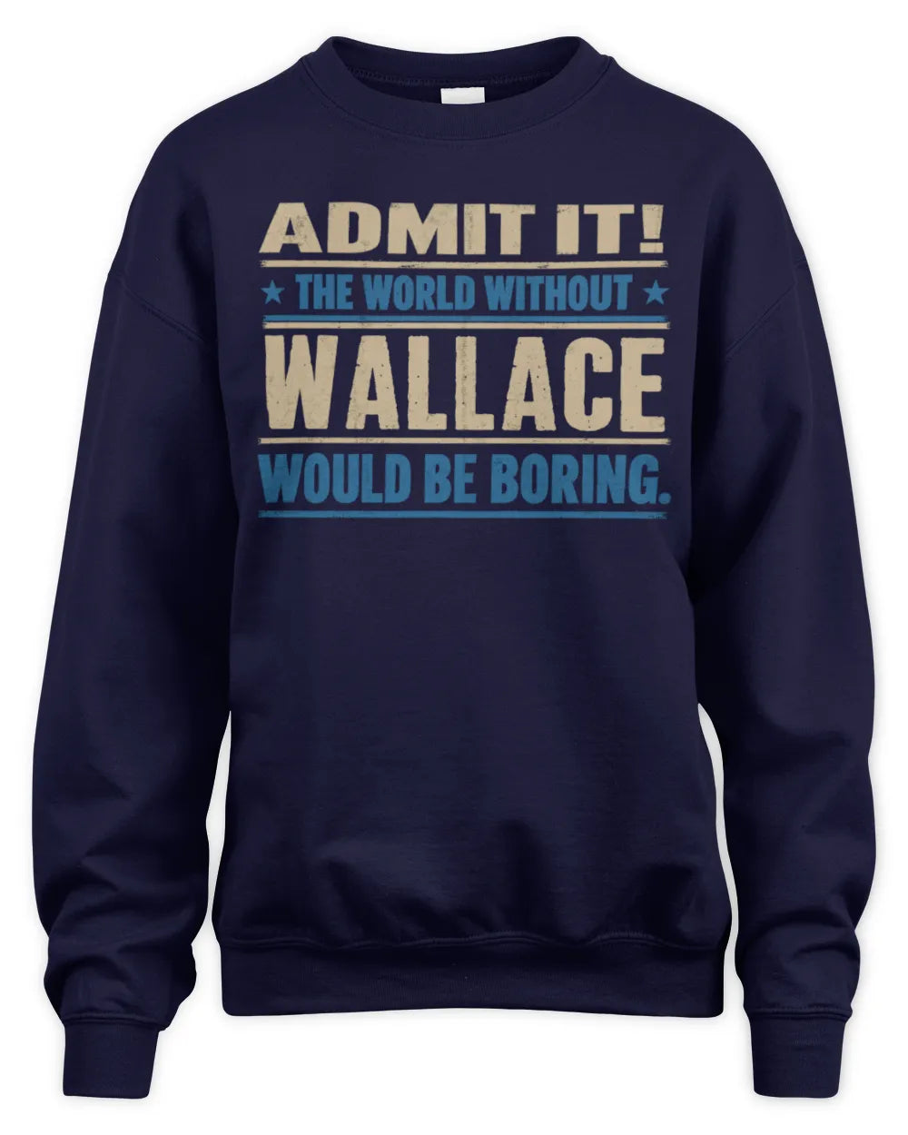 WALLACE TP68-K2-968 – Personalized Funny Quote Apparel “The World Without NAME Would Be Boring” - Unisex Sweatshirt - Navy