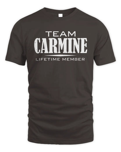 CARMINE BL62-K4-128 - Personalized “Team NAME Lifetime Member” - Unisex Standard T-Shirt - Dark Chocolate