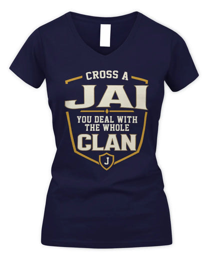 JAI NT1-K008 Cross A/An NAME, You Deal With the Whole Clan | Personalized Vintage T-Shirt - Women's V-Neck T-Shirt - Navy