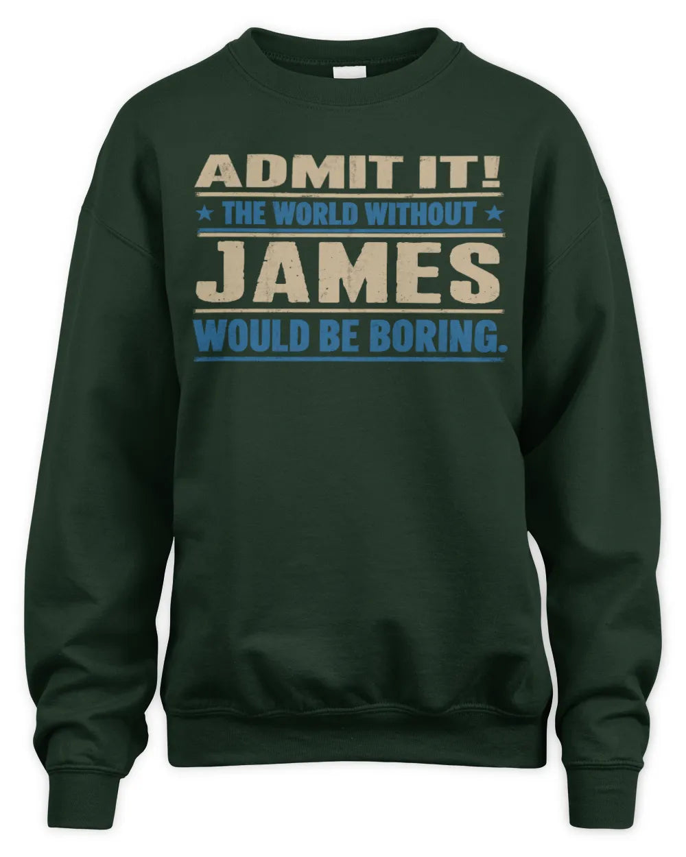 JAMES TP68-K2-968 – Personalized Funny Quote Apparel “The World Without NAME Would Be Boring” - Unisex Sweatshirt - Forest Green
