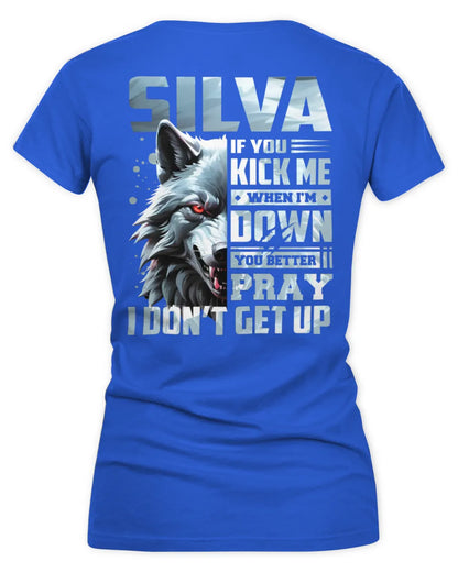 SILVA AP62-K4-666 - Personalized Fierce Wolf Quote Apparel “If You Kick Me When I’m Down, You Better Pray I Don’t Get Up” - Women's V-Neck T-Shirt - Royal