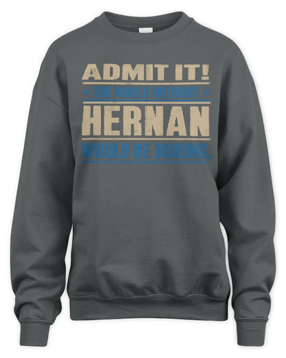 HERNAN TP68-K2-968 – Personalized Funny Quote Apparel “The World Without NAME Would Be Boring” - Unisex Sweatshirt - Charcoal