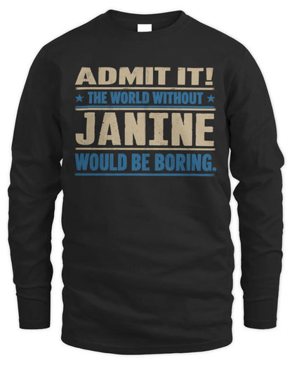 JANINE TP68-K2-968 – Personalized Funny Quote Apparel “The World Without NAME Would Be Boring” - Men's Long Sleeved T-Shirt - Black
