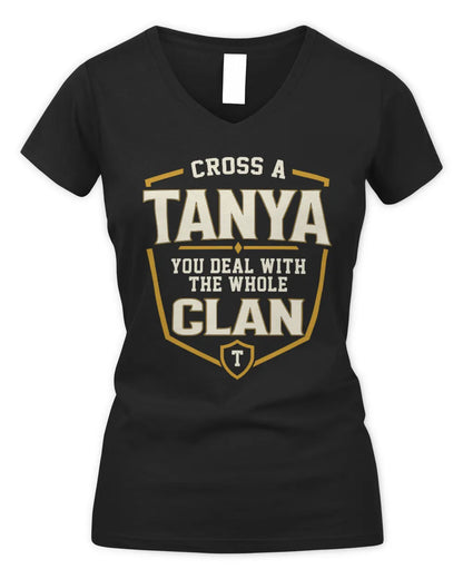 TANYA NT1-K008 Cross A/An NAME, You Deal With the Whole Clan | Personalized Vintage T-Shirt - Women's V-Neck T-Shirt - Black