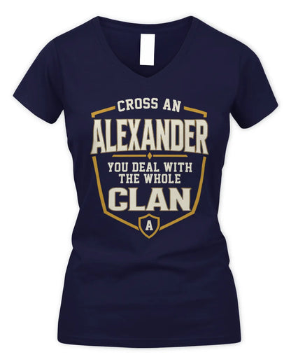 ALEXANDER NT1-K008 Cross A/An NAME, You Deal With the Whole Clan | Personalized Vintage T-Shirt - Women's V-Neck T-Shirt - Navy