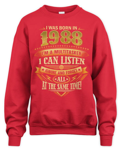 1988 HH89-K2 – Funny Birth Year Multitasker Quote T-Shirt - Unisex Sweatshirt - Red