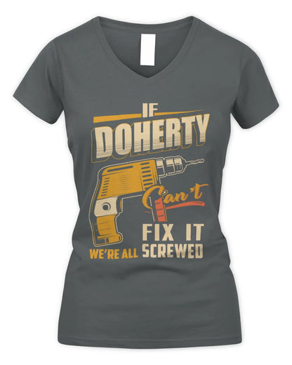 DOHERTY TP22-K4-228 - Personalized Handyman T-Shirt “If AARON Can’t Fix It, We’re All Screwed” - Women's V-Neck T-Shirt - Charcoal