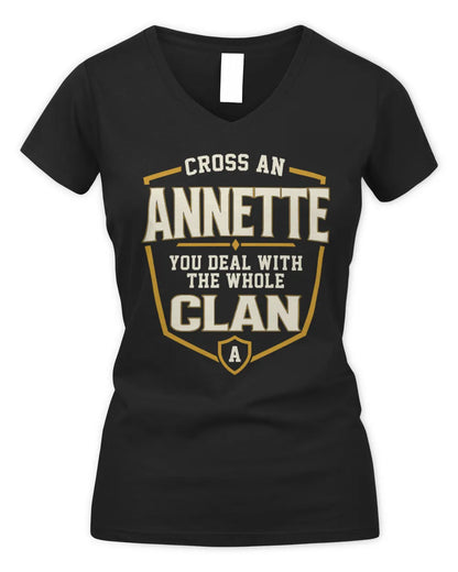 ANNETTE NT1-K008 Cross A/An NAME, You Deal With the Whole Clan | Personalized Vintage T-Shirt - Women's V-Neck T-Shirt - Black